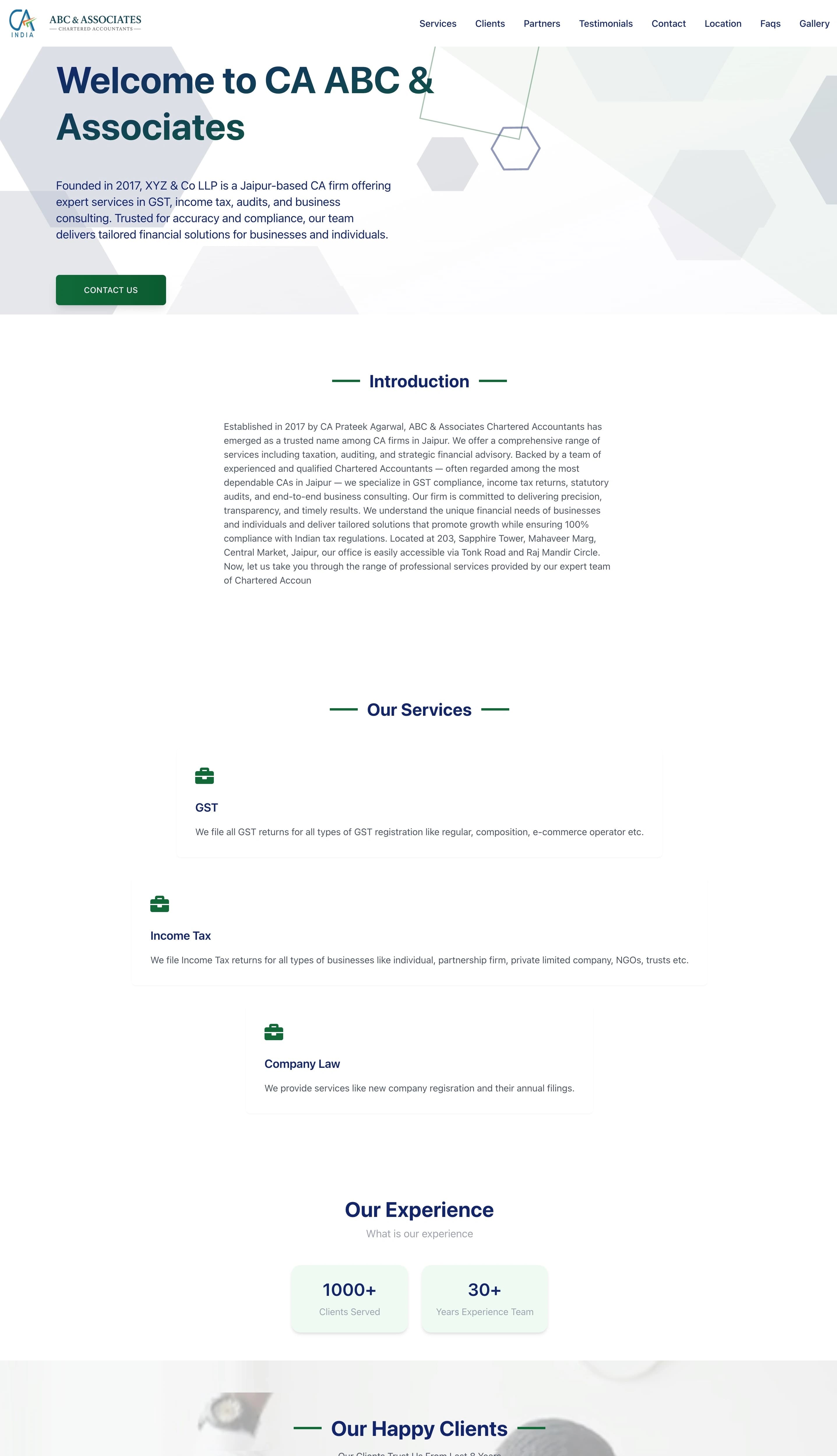 Professional CA firm website theme with blue header and service highlights