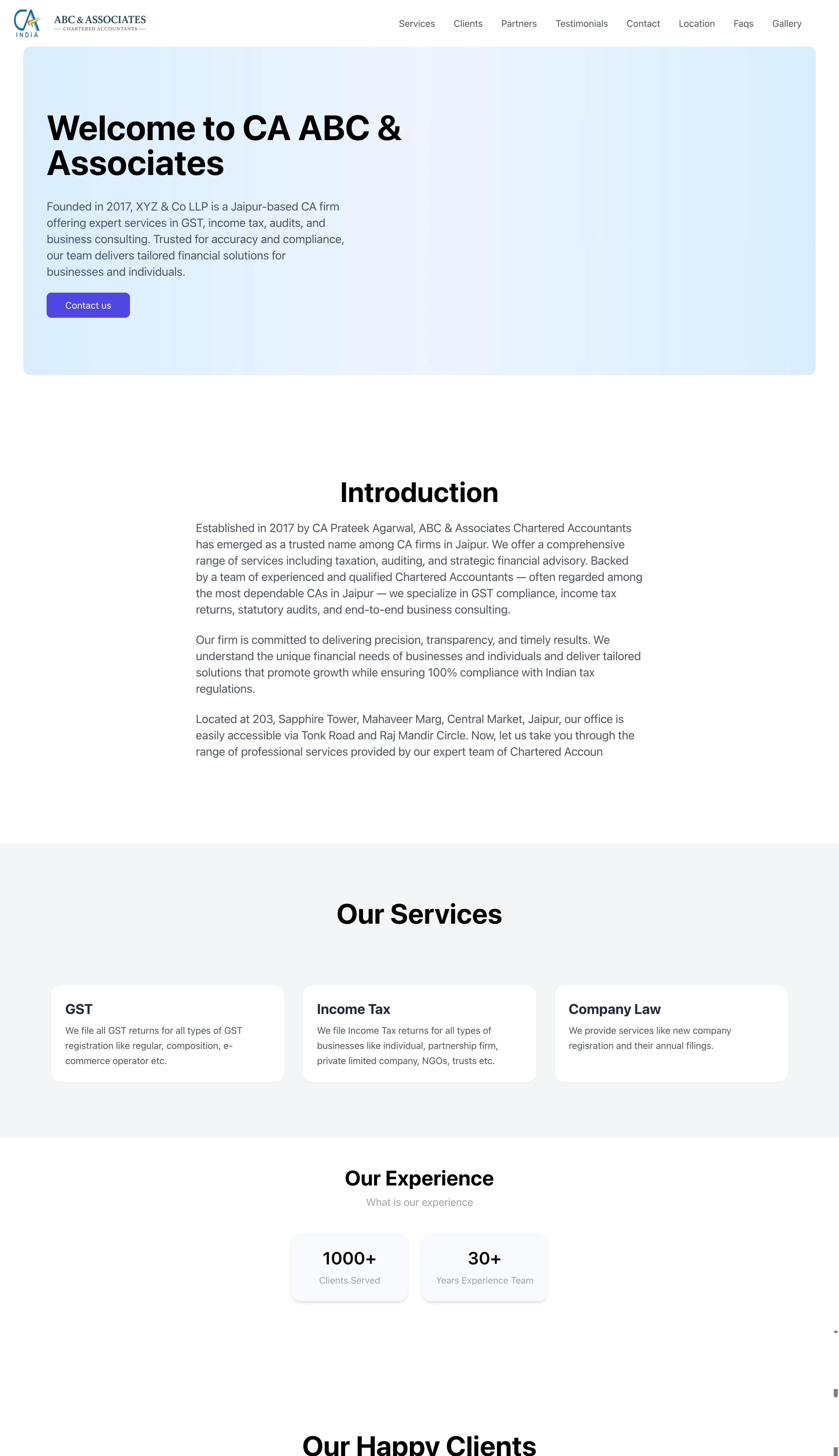 Modern tax practitioner website theme with dark navigation and client testimonials