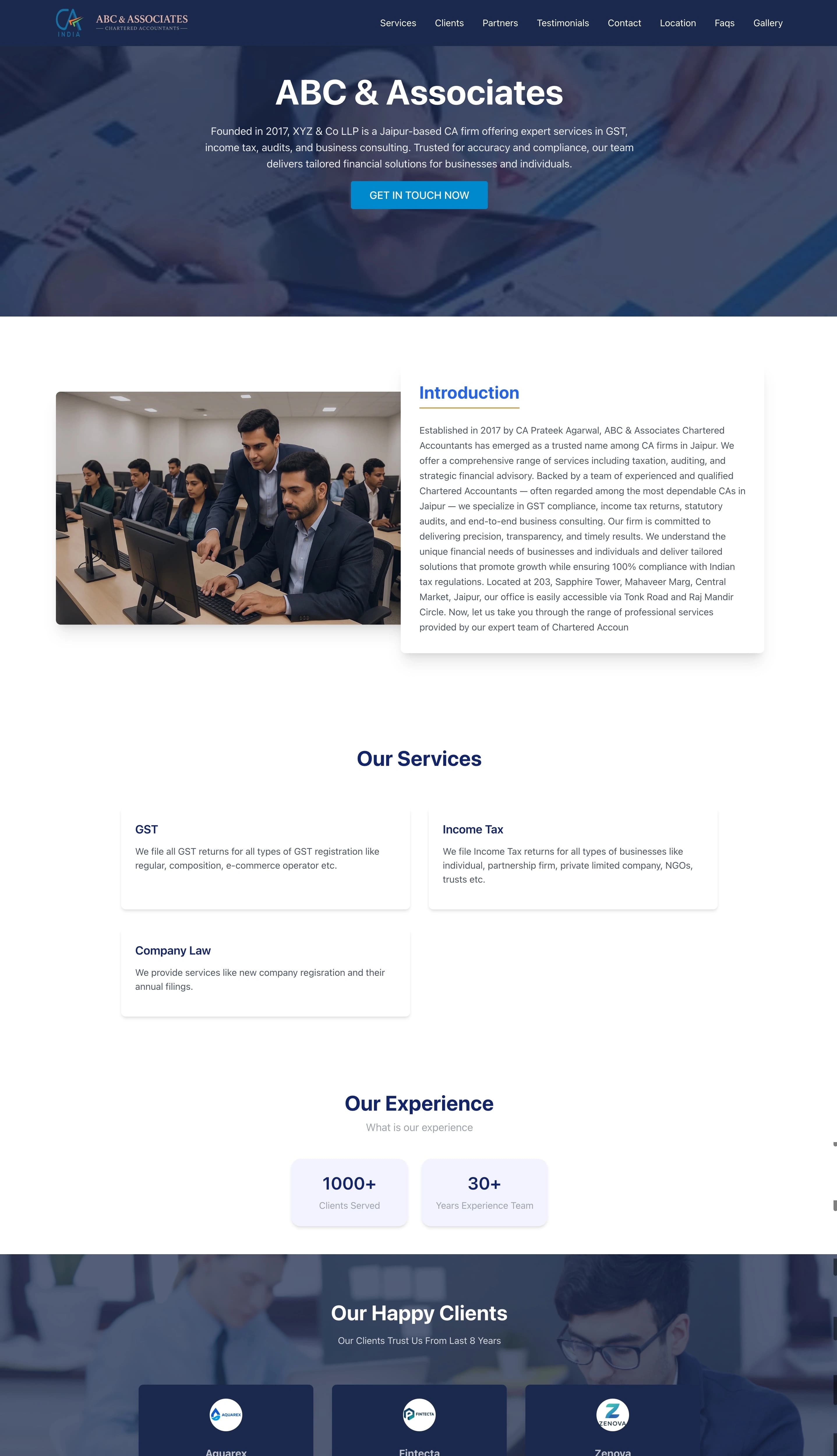 Corporate CA firm website theme with team section and service cards