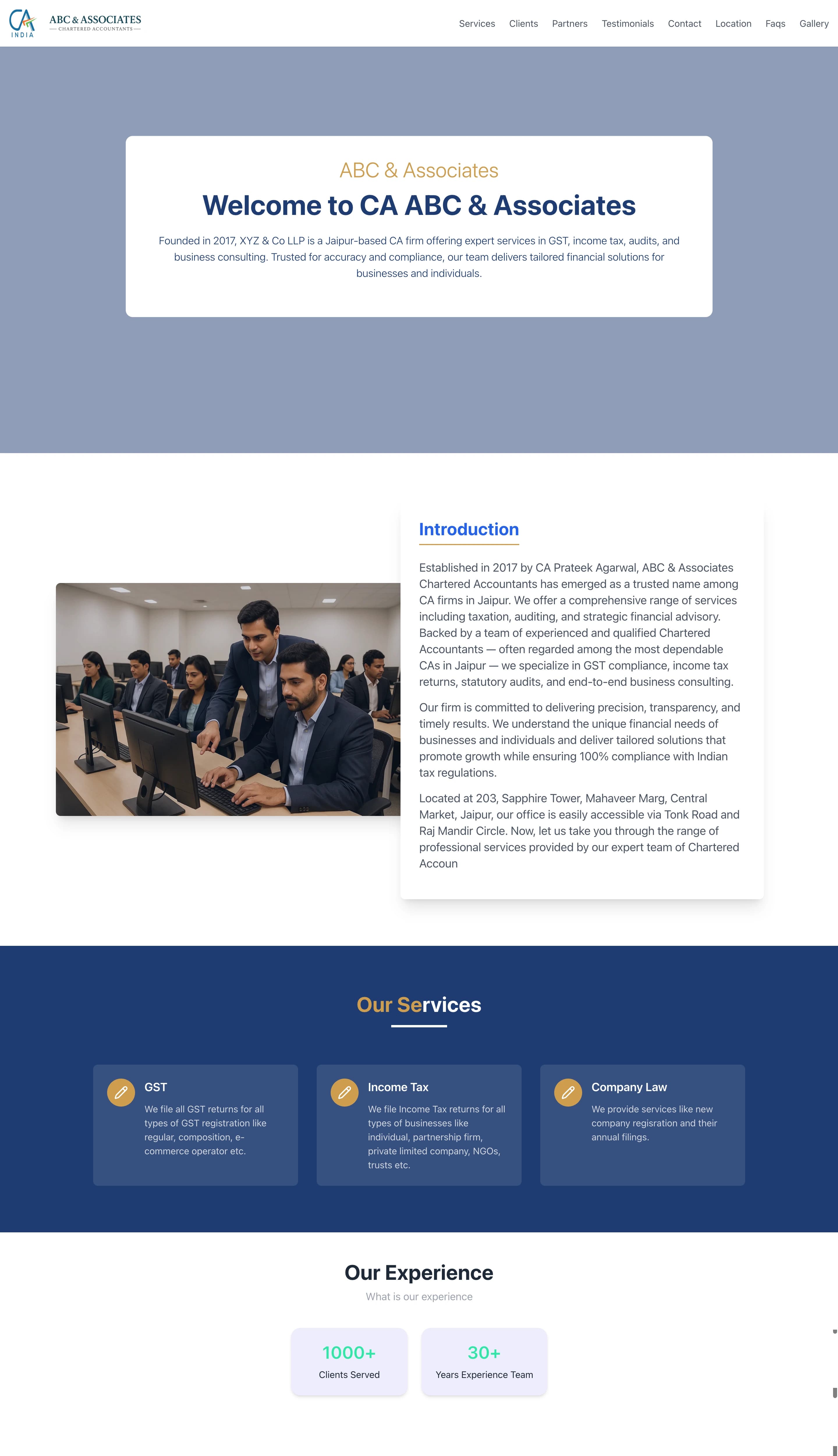 Multi-service CA practice website theme with tabbed navigation and blog layout