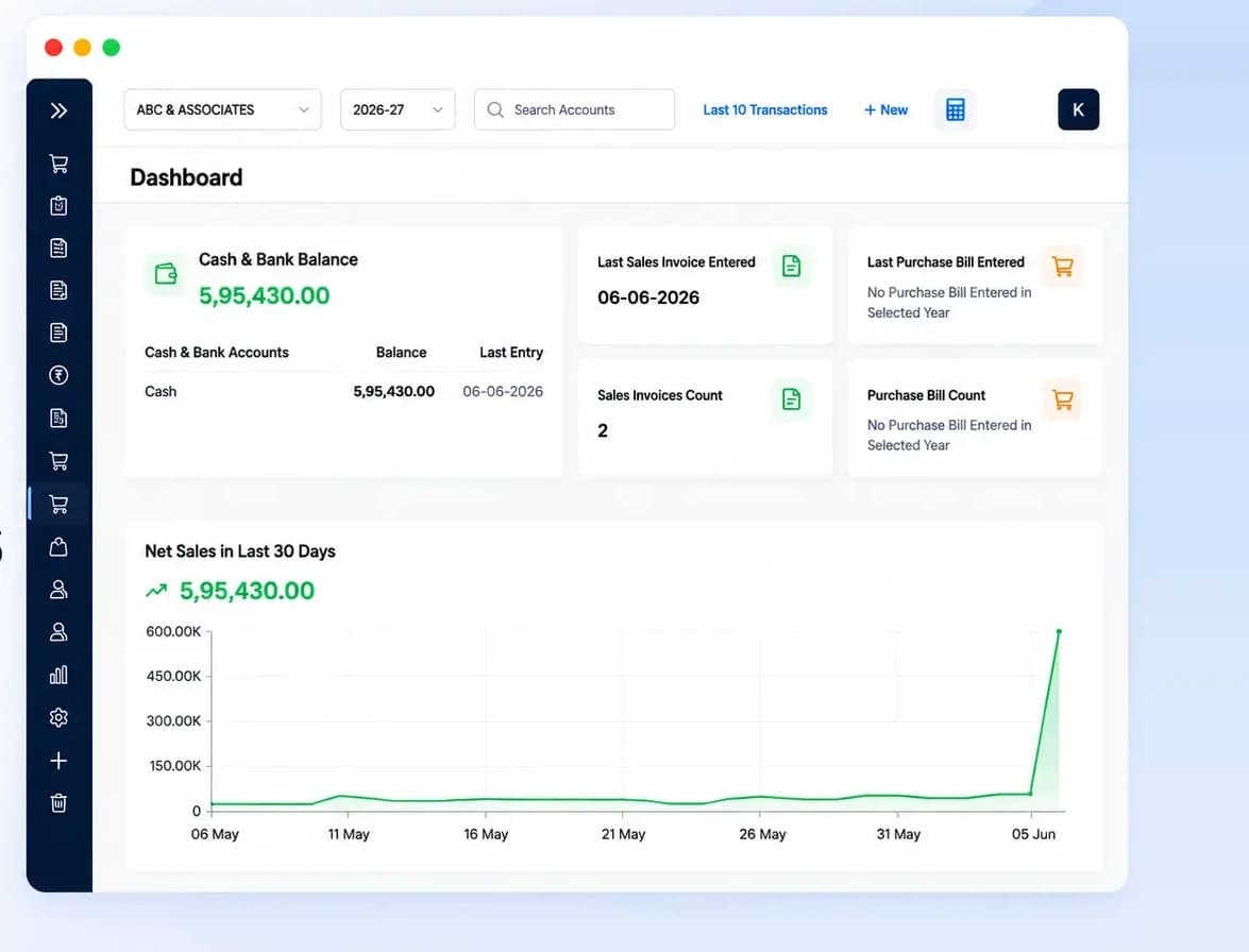 Finexo Books dashboard showing cash balance, sales invoices and a net sales chart