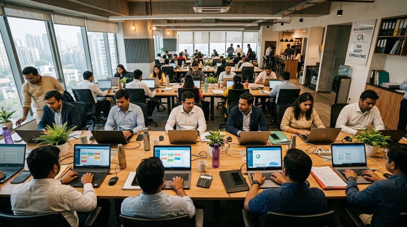 Indian CA firm office with team members at desks managing client workflows on task dashboards