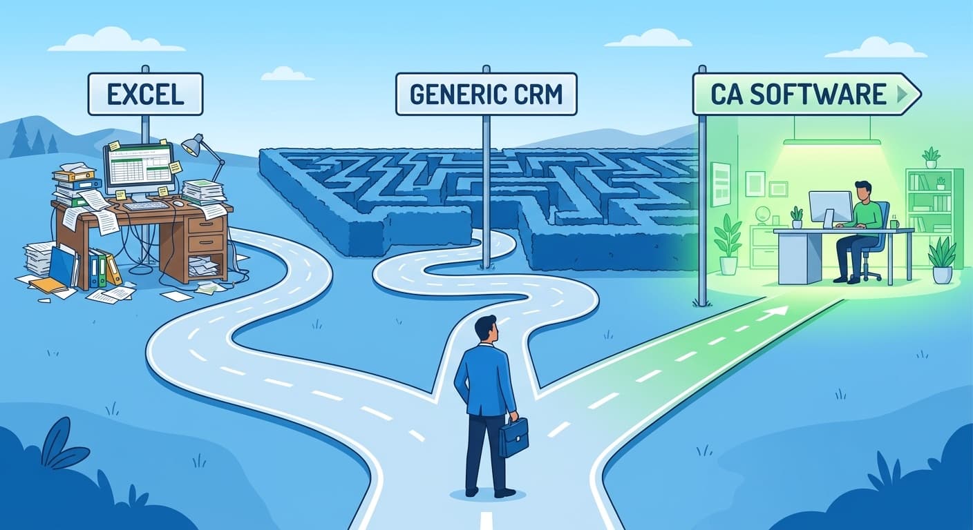 Choosing practice management software for CA firms — three paths showing Excel, generic CRM, and CA-specific software
