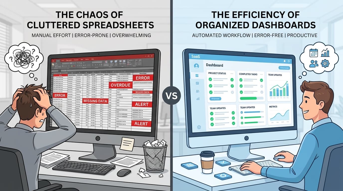 Comparison of managing CA practice in Excel versus Finexo PMS — cluttered spreadsheet on left, clean dashboard on right